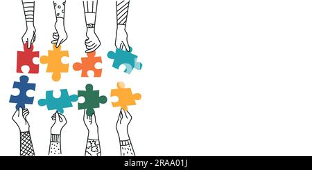 Teamwork concept. People hold in hands and connect the pieces of jigsaw puzzle. Hand drawn vector illustration. Stock Vector