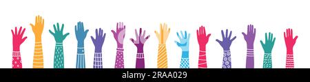 Colorful up hands. Volunteers, unity, partners, company, friendship, friends party. Vector illustration. Stock Vector