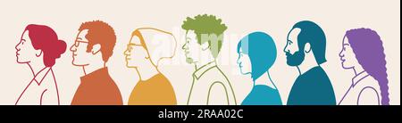 Vector crowd group profile, multicultural portrait society illustration. Hand drawn vector illustration. Stock Vector