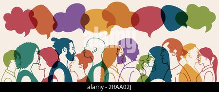 People talking dialogue and inform. Diversity people. Speech bubble. Concept to communicate. Hand drawn vector illustration. Stock Vector