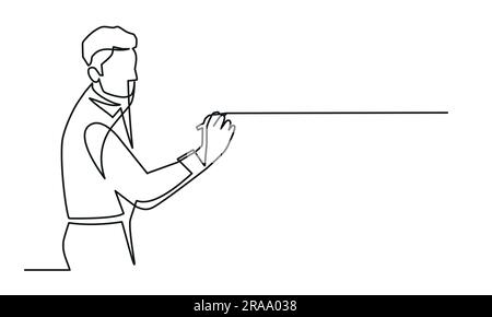 Manager gives short briefing and writes it down at board with marker. One continuous line drawing. Stock Vector