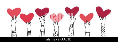 Give, share love to people, charity and donation hands with heart symbol. Hand drawn vector illustration. Stock Vector