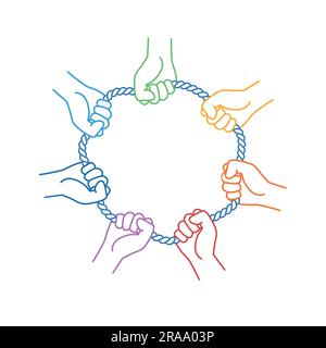 Human hands holding rope together. Hand drawn vector illustration. Stock Vector