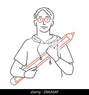 Man with pencil, web design and development. Hand drawn vector illustration. Stock Vector
