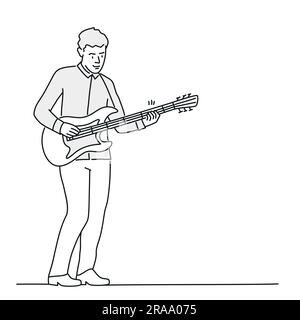 Musician with acoustic guitars. Guy playing musical instrument. Hand drawn vector illustration. Stock Vector