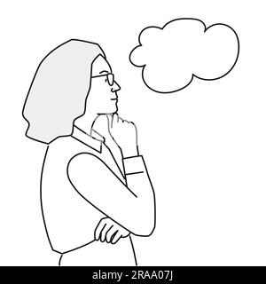 Thinking woman with speech bubble. Hand drawn vector illustration. Stock Vector