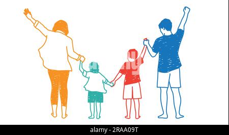 Parent and their two kids, walking. Hand drawn vector illustration. Stock Vector