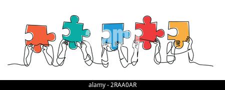 Colleagues putting together puzzle pieces. Teamwork and cooperation for business. Hand drawn vector illustration. Stock Vector