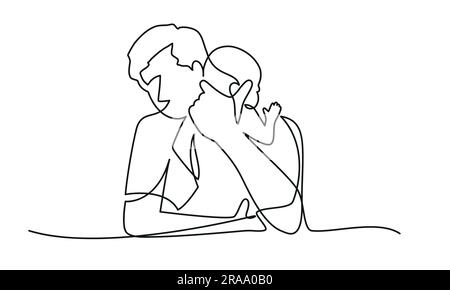 Happy dad hugging his baby. One continuous line drawing. Stock Vector