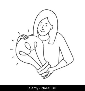 Woman holding lightbulb idea, creative idea. Hand drawn vector illustration. Stock Vector