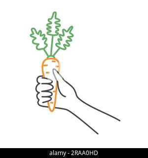 Hand holding carrot. Balanced healthy food and vegan diet concept. Hand drawn vector illustration. Stock Vector