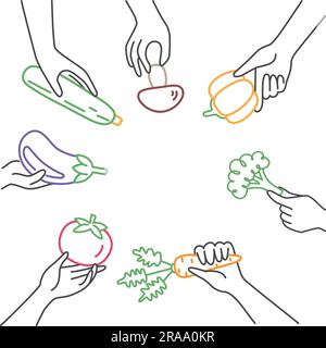 Hands holding carrot, broccoli, tomato, garlic, zucchini, mushroom, aubergine, bell pepper. Balanced healthy food and vegan diet concept. Hand drawn v Stock Vector