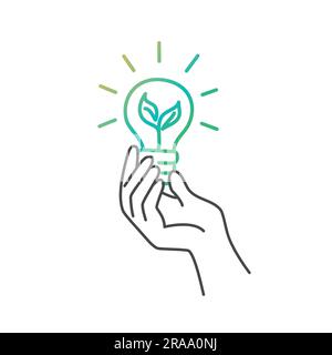 Hand holding Ecology bulb lamp with leaf. Eco friendly. Hand drawn vector illustration. Stock Vector