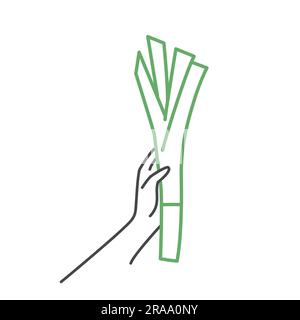 Hand holding leek. Balanced healthy food and vegan diet concept. Hand drawn vector illustration. Stock Vector