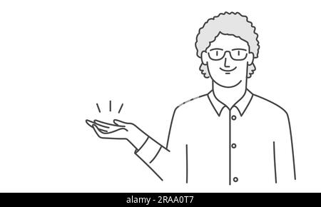 Man make a gesture of pointing and guiding. Hand drawn vector illustration. Stock Vector