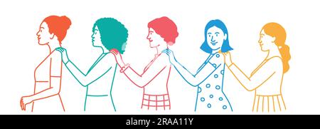 Women in line holding each other with shoulders showing support and unity. Hand drawn vector illustration. Stock Vector