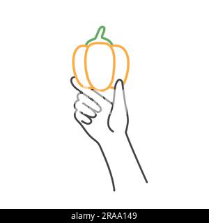 Hand holding bell pepper. Balanced healthy food and vegan diet concept. Hand drawn vector illustration. Stock Vector
