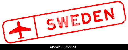 Grunge red sweden word with plane icon square rubber seal stamp on white background Stock Vector