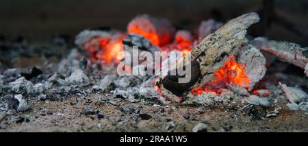 Ashes and red flames inside burning wood, Mahe Seychelles Stock Photo