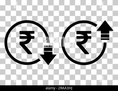 Set of cost symbol rupee increase and decrease icon. Money vector symbol isolated on background . Stock Vector