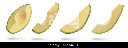 Avocado slices on a white isolated background. Avocado slices of different sizes and from different sides pitted hanging or falling casting a shadow. Stock Photo