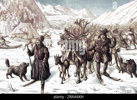 A reindeer herd in Lapland : the herdsmen are on skis, and use indigenous dogs to keep the deer under control.     Date: 1878 Stock Photo