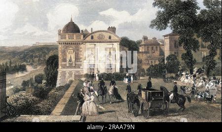 A holiday party enjoy the view from the terrace of the chateau of Saint-Germain-en- Laye, on the northwestern outskirts of Paris.     Date: circa 1840 Stock Photo