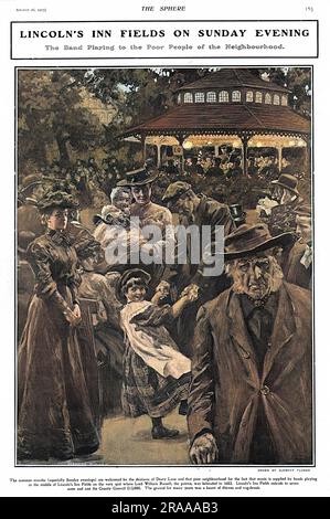 Group of Londoners relaxing in Lincoln's Inn Fields on a Sunday evening. In the background a military band can be seen at work in the bandstand.     Date: 1905 Stock Photo