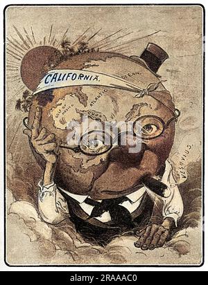 Cartoon showing a globe-headed American character nursing his bandaged head; a humorous look at the effects of the San Francisco earthquake on the American economy. Originally published in 'Judge', the well-known American paper. The earthquake occurred on the 18th April 1906 in San Francisco, California, USA which lies across the San Andreas Fault. Measuring 7.9 on the richter scale, the earthquake and subsequent fires resulted in the loss of 3000 lives and over 300,000 homes.     Date: 1906 Stock Photo