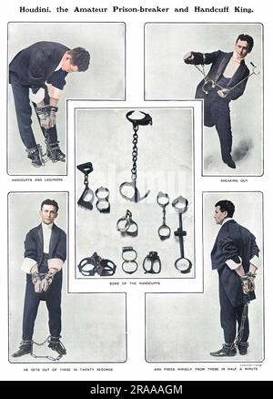 Harry Houdini (1874 - 1926), in a sequence of photographs escaping from a huge number of imprisoning handcuffs.     Date: 1904 Stock Photo