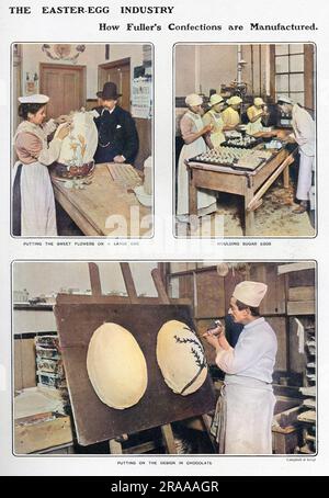 A page of pictures showing some magnificent easter eggs being made at Fullers Confectionery.  On the top left, a female worker attaches sweet flowers to a large egg, while workers mould smaller eggs in the top right picture.  The bottom photograph shows a chocolatier piping a design.     Date: 1904 Stock Photo
