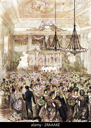 The state ball in the drawing room at Dublin Castle, in honour of the royal visit by the Prince and Princess of Wales, later King Edward VII and Queen Alexandra of Great Britain.     Date: April 1885 Stock Photo