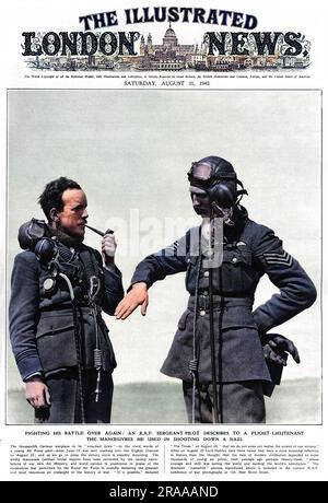 An R.A.F Sergeant-Pilot describes to a Flight Lieutenant the manoeuvres he used in shooting down a Nazi plane.     Date: 1940 Stock Photo