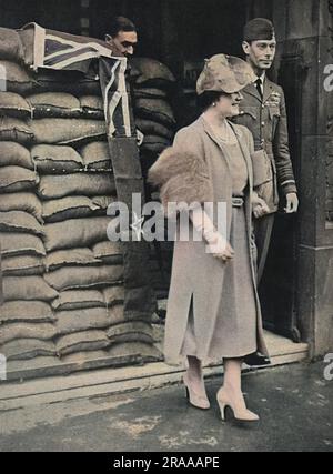 King George VI and Queen Elizabeth (later the Queen Mother) leave New Zealand House via its sandbagged entrance, during a tour of Dominion offices.  Other offices visited were those of South Africa and India.     Date: 1939 Stock Photo