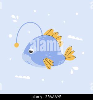 cute baby anglerfish cartoon illustration with bubbles and under the ...