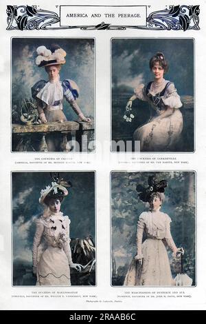 Page from a supplement in The Sketch magazine featuring portraits of four wealthy American heiresses who married into the British nobility.  Clockwise from top left: The Countess of Craven (Cornelia, daughter of Mr Bradley Martin, New York), The Countess of Tankerville (Leonora, daughter of Mr Van Marter, New York), The Marchioness of Dufferin and Ava (Florence, daughter of Mr John H. Davis, New York) and The Duchess of Marlborough (Consuelo, daughter of Mr William K. Vanderbilt, New York).     Date: 1903