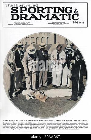 Thomas 'Tommy' Hampson (1907 û 1965), British athlete, winner of the 800 metres at the 1932 Summer Olympics.  Pictured on the front cover of the Illustrated Sporting and Dramatic News lying unconscious on the ground, surrounded by concerned officials, after winning in a record breaking time.  Several minutes elapsed after the race before Hampson recovered and could celebrate his victory.     Date: 1932 Stock Photo
