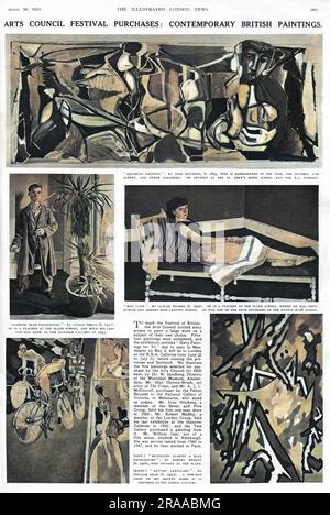 A page from the Illustrated London News, dated 28th April 1951, detailing contemporary British art purchased by the Arts Council for the Festival of Britain. Aquarian Nativity by Ivon Hitchens, Interior near Paddington by Lucian Freud, Miss Lynn by Claude Rogers, Bicyclists against a blue background by Robert Medley, and Autumn Landscape by William Gear are pictured.     Date: 28th April 1951 Stock Photo