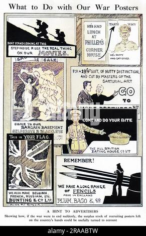A humorous cartoon from The Bystander by Alick P. F Ritchie offering suggestions about what to do with discarded war posters.  A number of the posters are spoofs of  familiar designs including, in the bottom right, a homage to the Remember! poster drawn by H. L. Oakley.     Date: 1915 Stock Photo