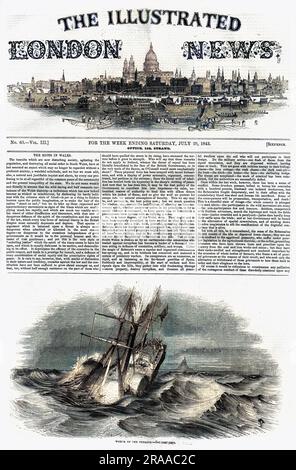 The front cover of The Illustrated London News, dated 29th July 1843. The wreck of the ship Pegasus is pictured, and the news on the Rebecca riots in south Wales are reported on.     Date: 1843 Stock Photo