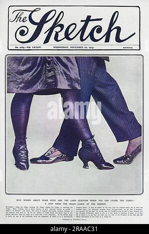 A front cover of The Sketch, showing the entwined legs of two dancers performing a step from the tango.' Why worry about home rule and the land question, when you can learn the tango?'     Date: 1913 Stock Photo