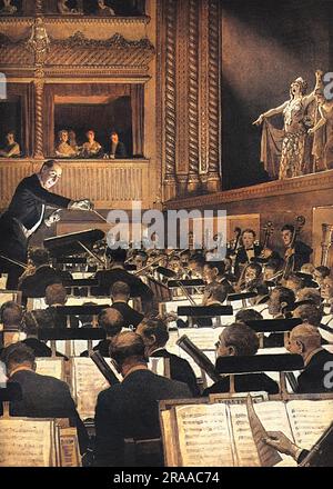 An impression by the artist Fortunino Matania of the interior of the Royal Opera House at Covent Garden in 1925. A performance of Richard Strauss' 'Elecktra' is portrayed, but seen from the unusual viewpoint of the orchestra pit. The conductor is Robert Heger(1886-1978).     Date: 1925 Stock Photo