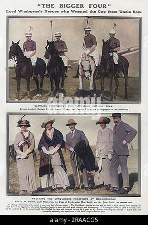 Page from The Tatler reporting on the historic victory of England against America in the International Polo Trophy (Westchester Cup) in June 1914.  The England Team, described as the 'Bigger Four' (a skit against the American Team who WERE known as the 'Big Four), are, from left, Captain Lockett, Captain Barrett, Captain Cheape and Captain Tomkinson.  They are pictured in the top photograph as Meadowbank.  The bottom photograph shows the England supporters - Mr H. W. Barrett, Lady Wimborne, the Duke of Penderanda, Mrs Traill and Mr John Traill, the reserve man.     Date: 1914 Stock Photo