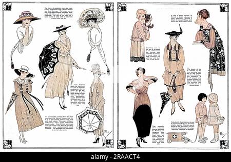 A double page spread from The Tatler giving examples of economical outfits which could be purchased in wartime.  Extravagant evening dresses are not featured but instead coat frocks, summer frocks and tailored suits predominate from retailers such as Harrods, Debenham & Freebody, Marshall & Snelgrove, Swears & Wells, Harvey Nichols, Peter Robinson and Gorringe.  Note the children playing with a toy Red Cross ambulance.     Date: 1917 Stock Photo