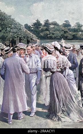 New Zealand tennis player, Anthony Frederick Wilding (1883 - 1915), Wimbledon Mens Champion in 1910, 1911, 1912 and 1913 pictured early in his career at the age of 22 being congratulated after defeating American, W. J. Clothier at Wimbledon in 1905, despite losing the first two sets.  He was eventually beaten in the quarter finals by the 37 year old Arthur Gore.  Tall, handsome, athletic and genial, Wilding became a hugely popular sporting star.  After his 1913 championship win, ladies reported fainted due to the excitement and rush of the crowd.  His championship run came to an end in 1914 wh Stock Photo