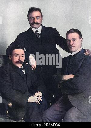 The makers of 'It's a Long, Long Way to Tipperary' - Harry Williams, part-composer and author; Mr Bert Feldman, the publisher and Jack Judge, part-composer and author (seen from left to right).  The song was universally popular among British soldiers at the front and in training during the First World War.  At the date of publication of this photograph, the song, which had struggled to find a publisher and audience before the war, had sold two million copies in Great Britain and nearly three million in the United States.     Date: 1915 Stock Photo