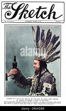 Front cover of The Sketch featuring George Robey as U-Ka-Lip-Tus, Chief of the Wah Wahs in a scene from The Bing Boys on Broadway, playing at the Alhambra, a spin-off show from the hugely successful wartime revue, The Bing Boys are Here.  According to the description, the feathers on Mr Robey's headdress stand up to attention on receiving the bottle of fire water he holds here.     Date: 1918 Stock Photo