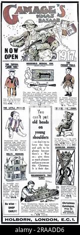 An advertisement for the famous Gamage's store on Holborn, London, promoting their annual Christmas bazaar. Typically for the period, the war dominates the themes of toys on offer including a Jack Tar British sailor and French Poilu, a build-your-own floating dreadnought and a 'harmless' archery set.     Date: 1917 Stock Photo