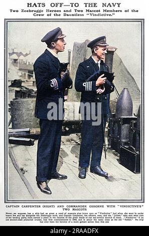 Vice-Admiral Alfred Carpenter VC (17 September 1881 – 27 December 1955) was a Royal Navy officer who was awarded the Victoria Cross for his command of HMS Vindictive during the Zeebrugge Raid on the night of 22/23 April 1918.  Pictured with Commander Osborne (on the left) holding the ship's mascots - two black cats.     Date: 1918 Stock Photo