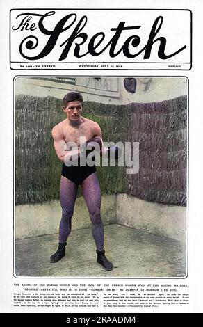 Front cover of The Sketch magazine featuring the French boxer, Georges Carpentier (1894-1975), posed before his much-publicised fight against 'Gunboat' Smith at Olympia in July 1914.     Date: 1914 Stock Photo